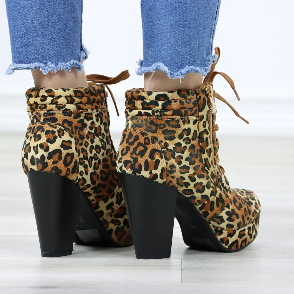 Leopard Platform Ankle Boots High Heel Leopard Faux Suede Lace-Up Block - Picture 6 of 12